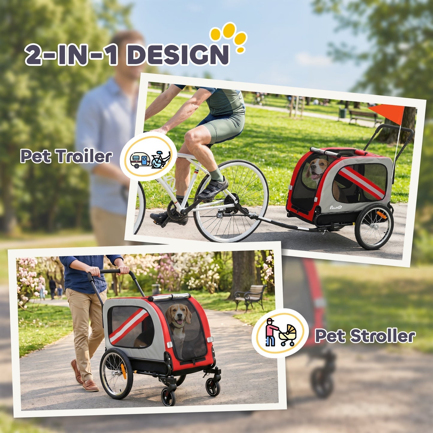 PawHut 2-In-1 Dog Bike Trailer Pet Stroller with Universal Wheel Reflector Flag Red