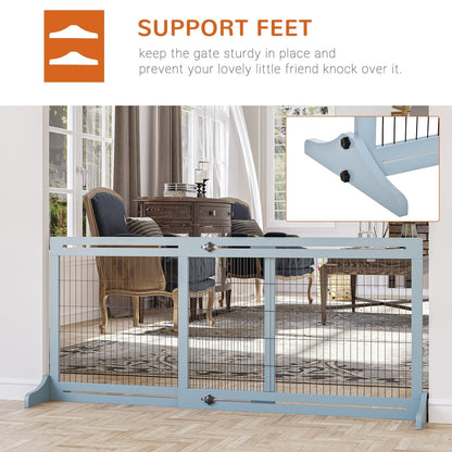 PawHut Freestanding Dog Gate, Foldable Pet Fence, Indoor Wood Barrier, Stair Gate with Support Feet, for Doorway, Hallway, Small and Medium Dogs, 69H x 104-180 cm, Blue-grey