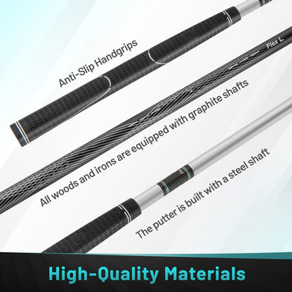 Close up of the grips and shafts on the golf clubs