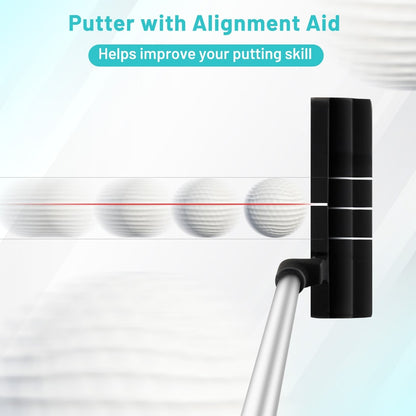 The women's golf club set includes a putter with an alignment aid to help with putting skill