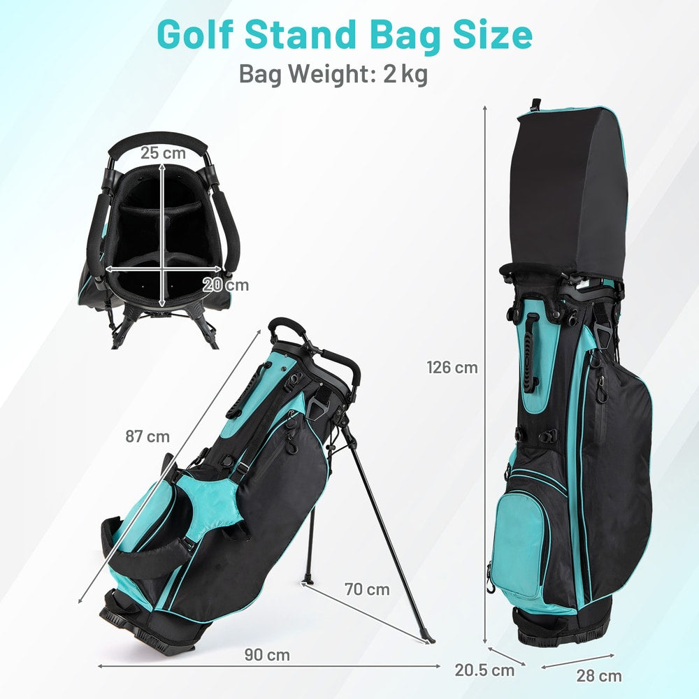 The golf stand bag has dimensions and weight shown