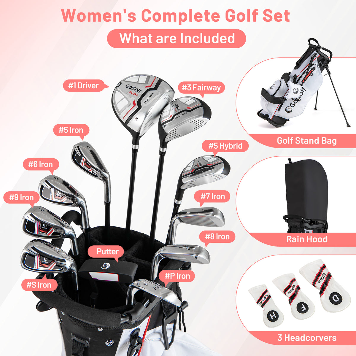 This golf set includes a stand bag, rain hood, headcovers, driver, fairway, hybrid, putter and irons