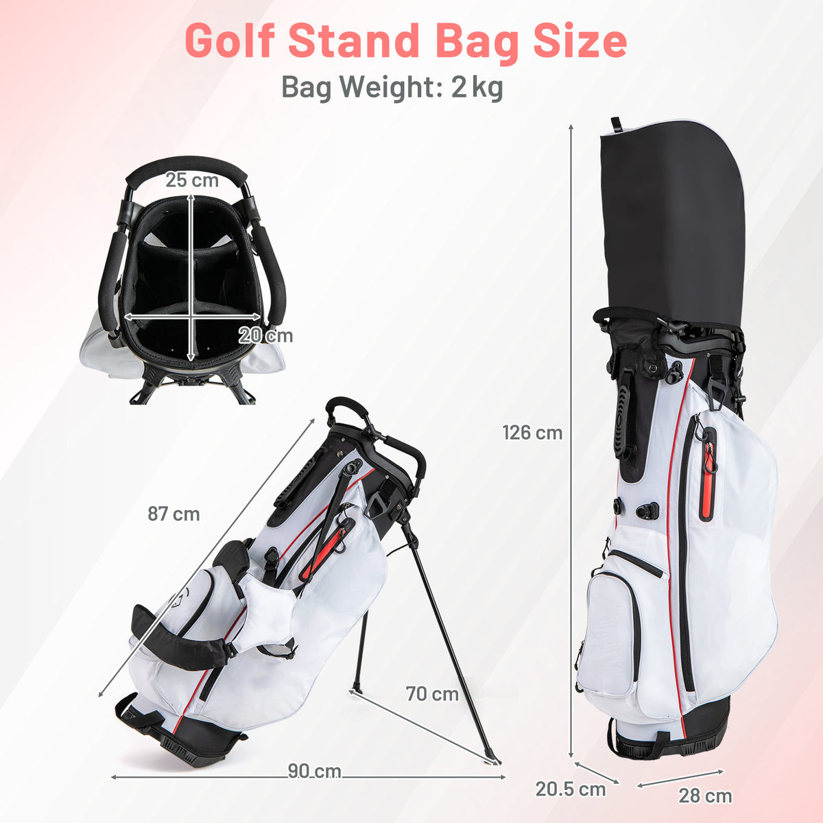 The golf stand bag is shown with dimensions and weight