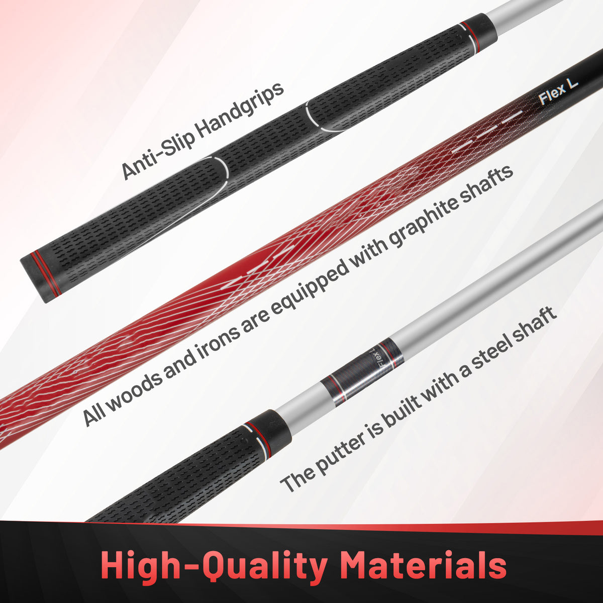 Close-up of the golf club grips and shafts, showing high-quality materials