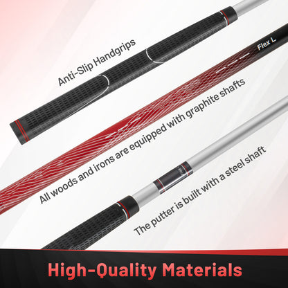 Close-up of the golf club grips and shafts, showing high-quality materials