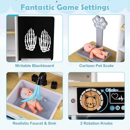 Close-up views of the wooden medical centre toy set features