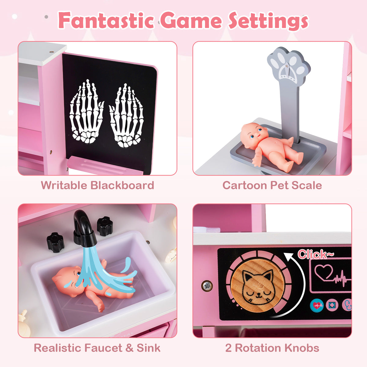 The play kitchen set featuring close-up panels of the blackboard, pet scale, sink and knobs