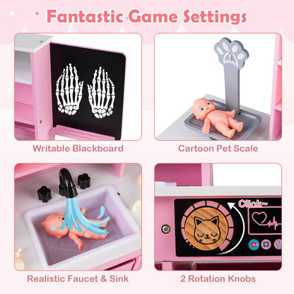 The play kitchen set featuring close-up panels of the blackboard, pet scale, sink and knobs
