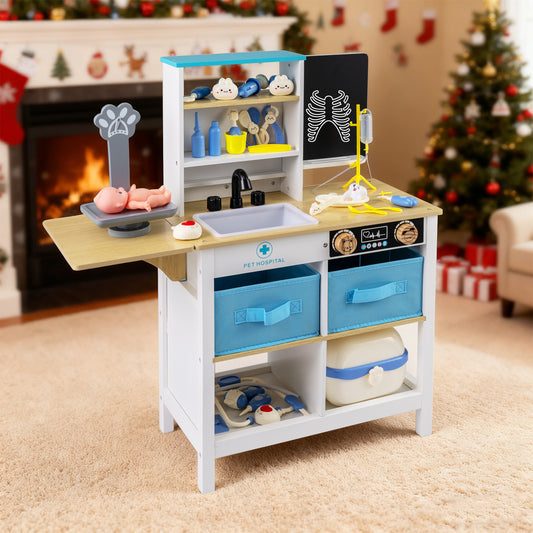 The wooden medical centre toy set in a festive room setting with a Christmas tree