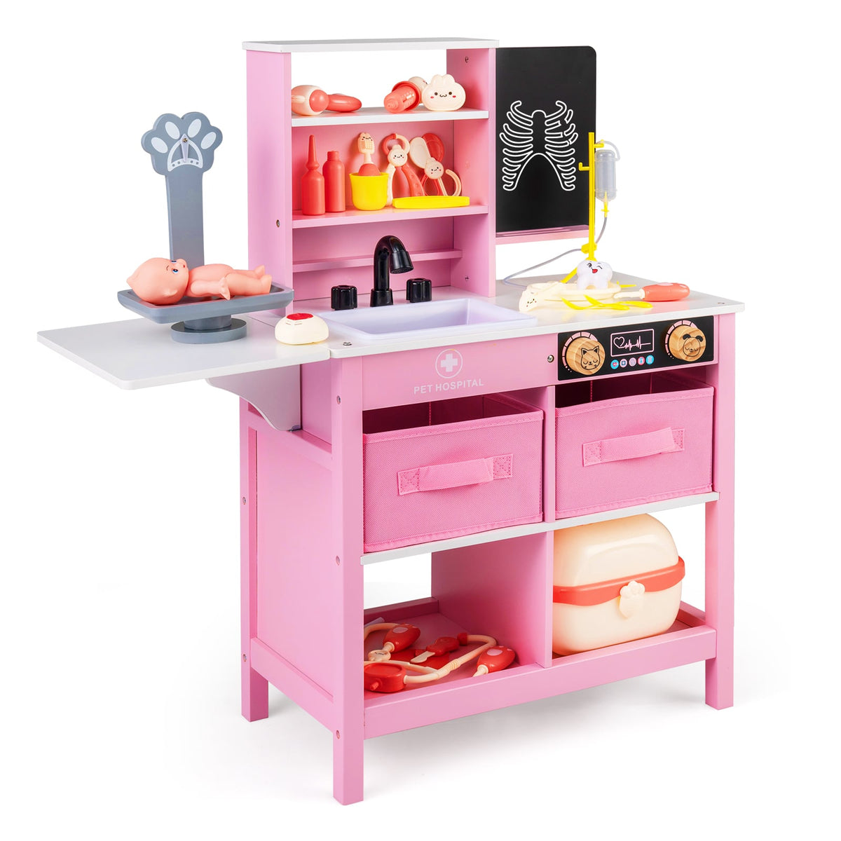Wood Medical Center Toy Set in pink with a sink, pet scale, blackboard and various medical accessories