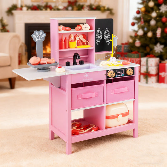 the pink medical play station with shelves, a blackboard, sink and pet scale