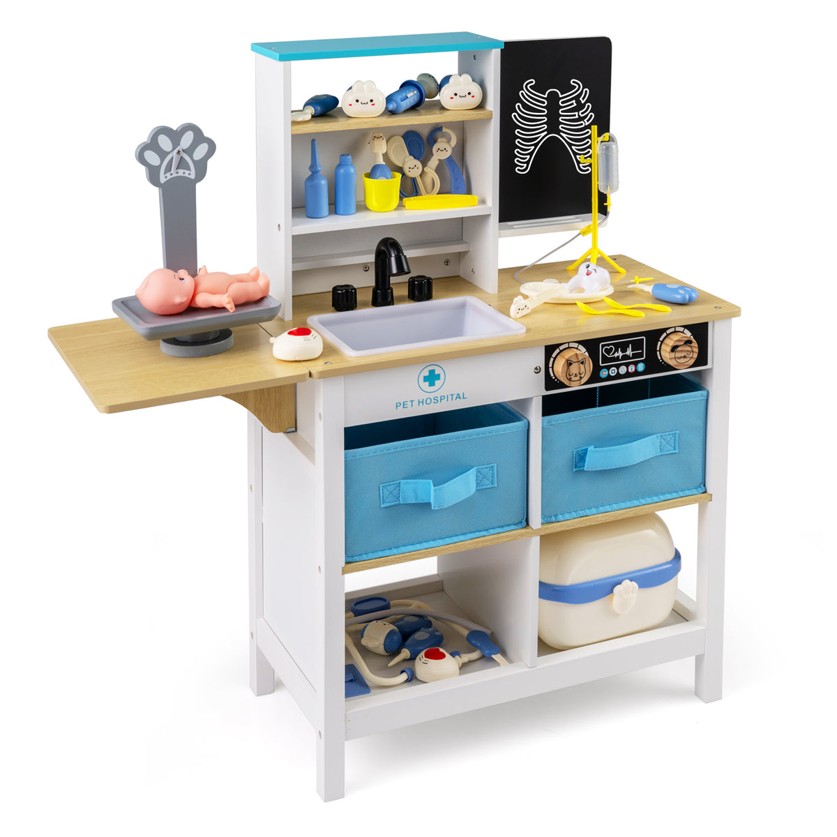 Wood Medical Center Toy Set with blackboard and pet scale, white finish