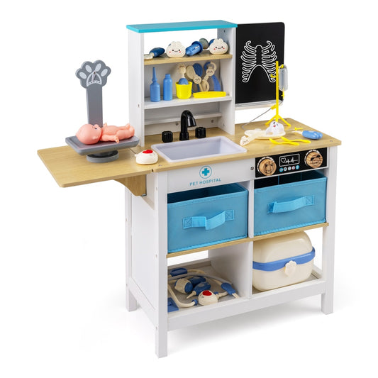 Wood Medical Center Toy Set with blackboard and pet scale, white finish