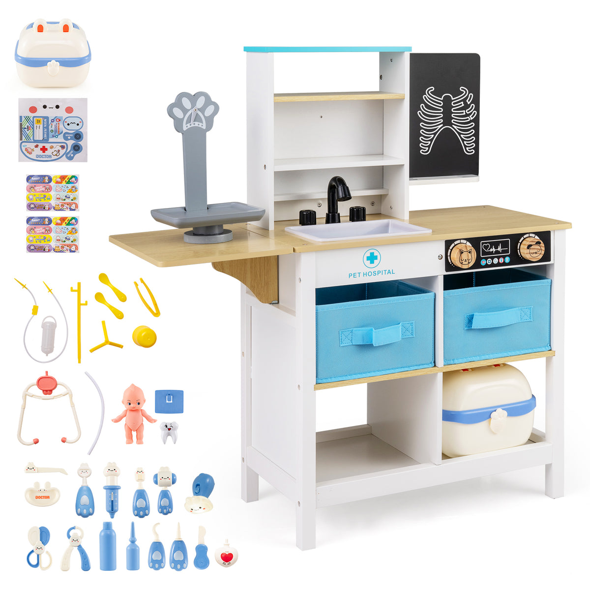 All the parts and accessories included with the wooden medical centre toy set