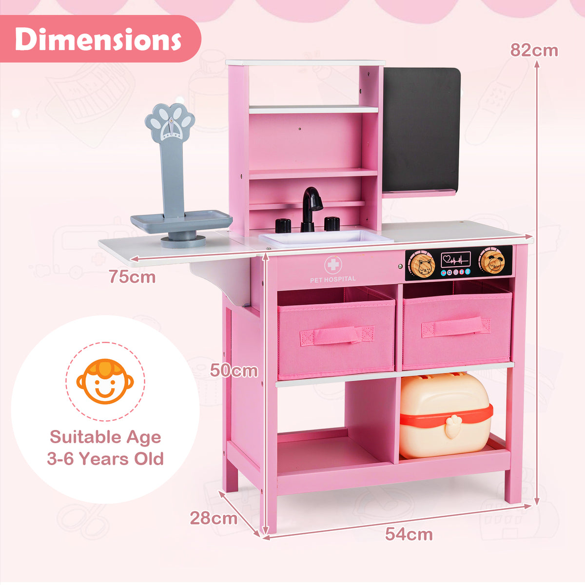 the pink medical play station shown with height and width dimension labels