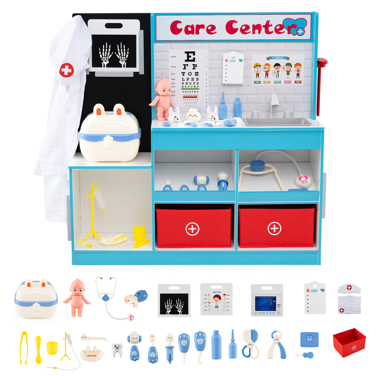 All the accessories included with the blue and white medical center playhouse