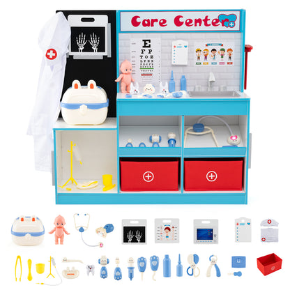 All the accessories included with the blue and white medical center playhouse