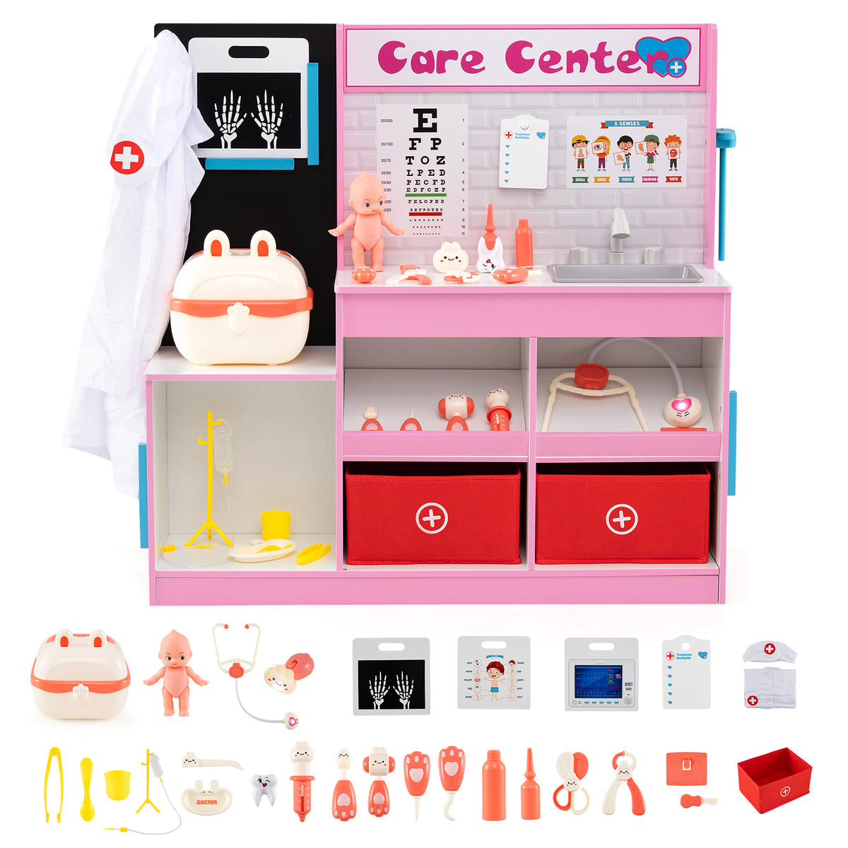 All the parts and accessories included with the wooden medical centre playhouse