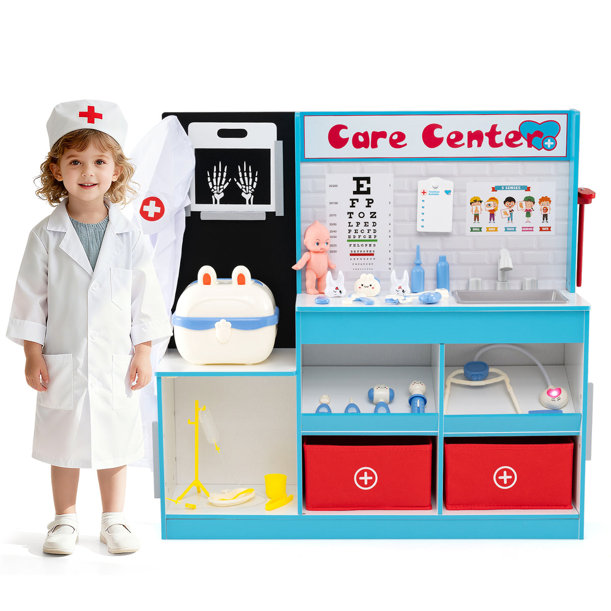 A child dressed as a doctor stands next to the blue and white medical center playhouse