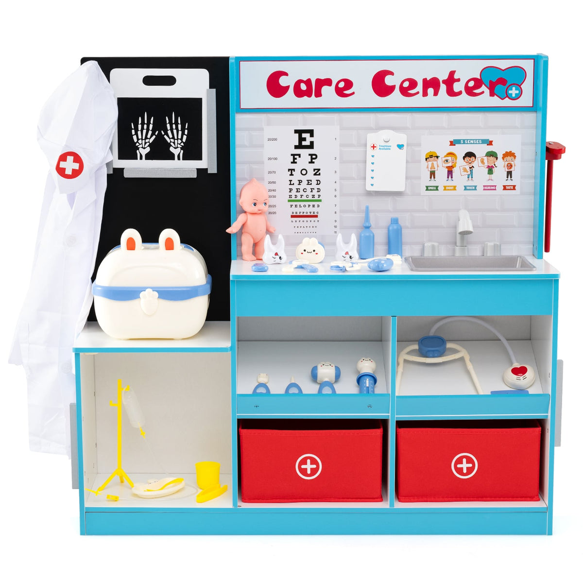 Wood Medical Center Toy Set with examine region and height measurer in blue and white