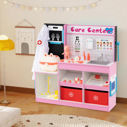 The pink wooden playhouse with a sink, eye chart and medical accessories