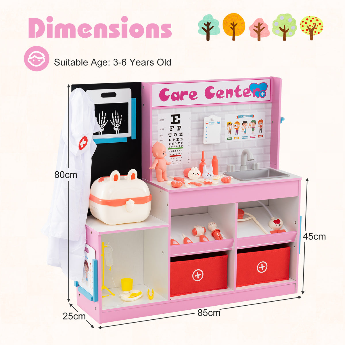 Dimensions of the pink wooden medical centre playhouse showing height and width