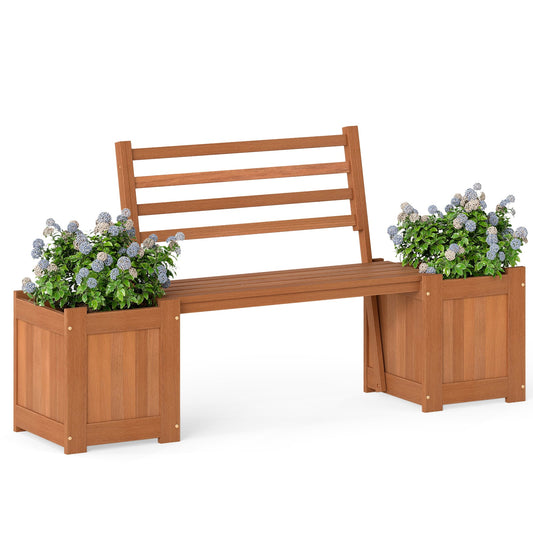 Wood Outdoor Planter Box with a central bench seat and two side flower containers