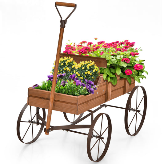 Wood Wagon Flower Planter filled with colourful blooming flowers on a white background