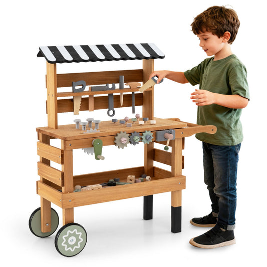 Wooden 2-in-1 Outdoor Kids Rolling Cart with a boy using a saw