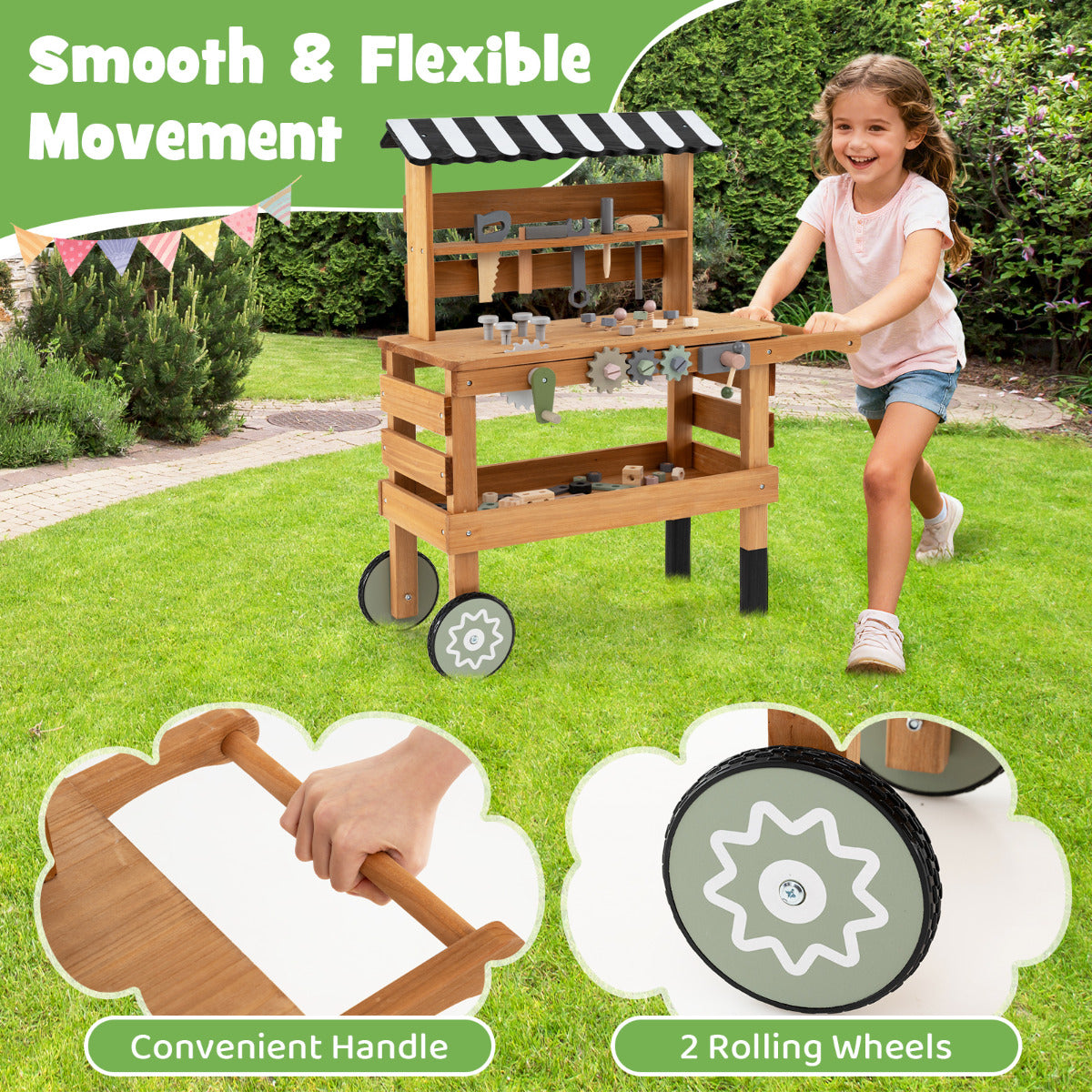 A girl pushing the wooden play kitchen set on wheels in a garden
