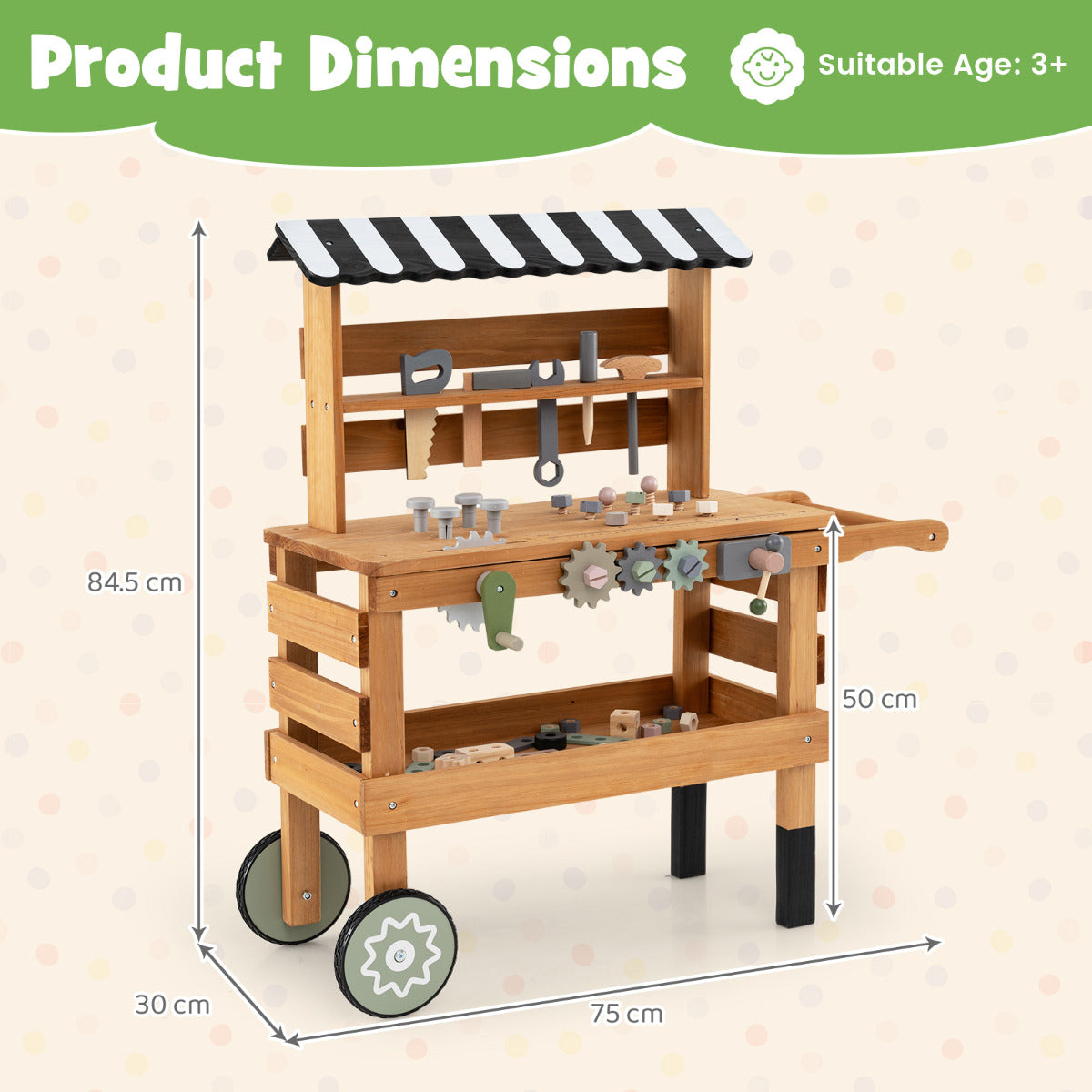 Product dimensions diagram of the wooden outdoor kids rolling cart