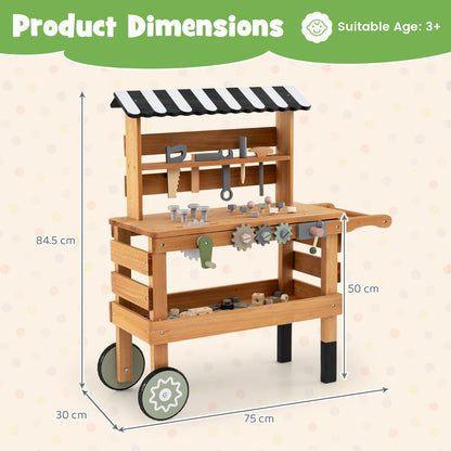 Product dimensions diagram of the wooden outdoor kids rolling cart