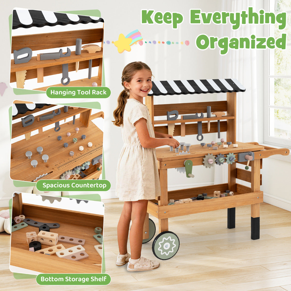The wooden play kitchen set showing storage and organisation features