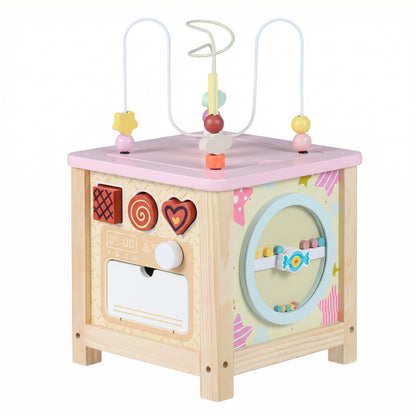 The learning toy showing the bead maze top and the spinning wheel side panel