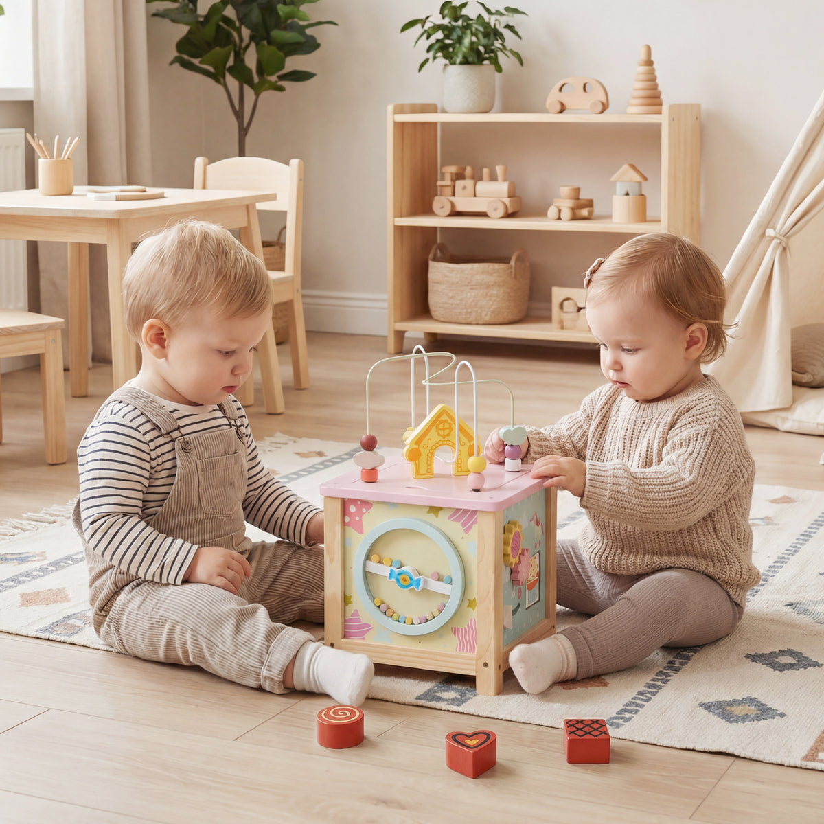The learning toy placed on a rug between two young children playing together