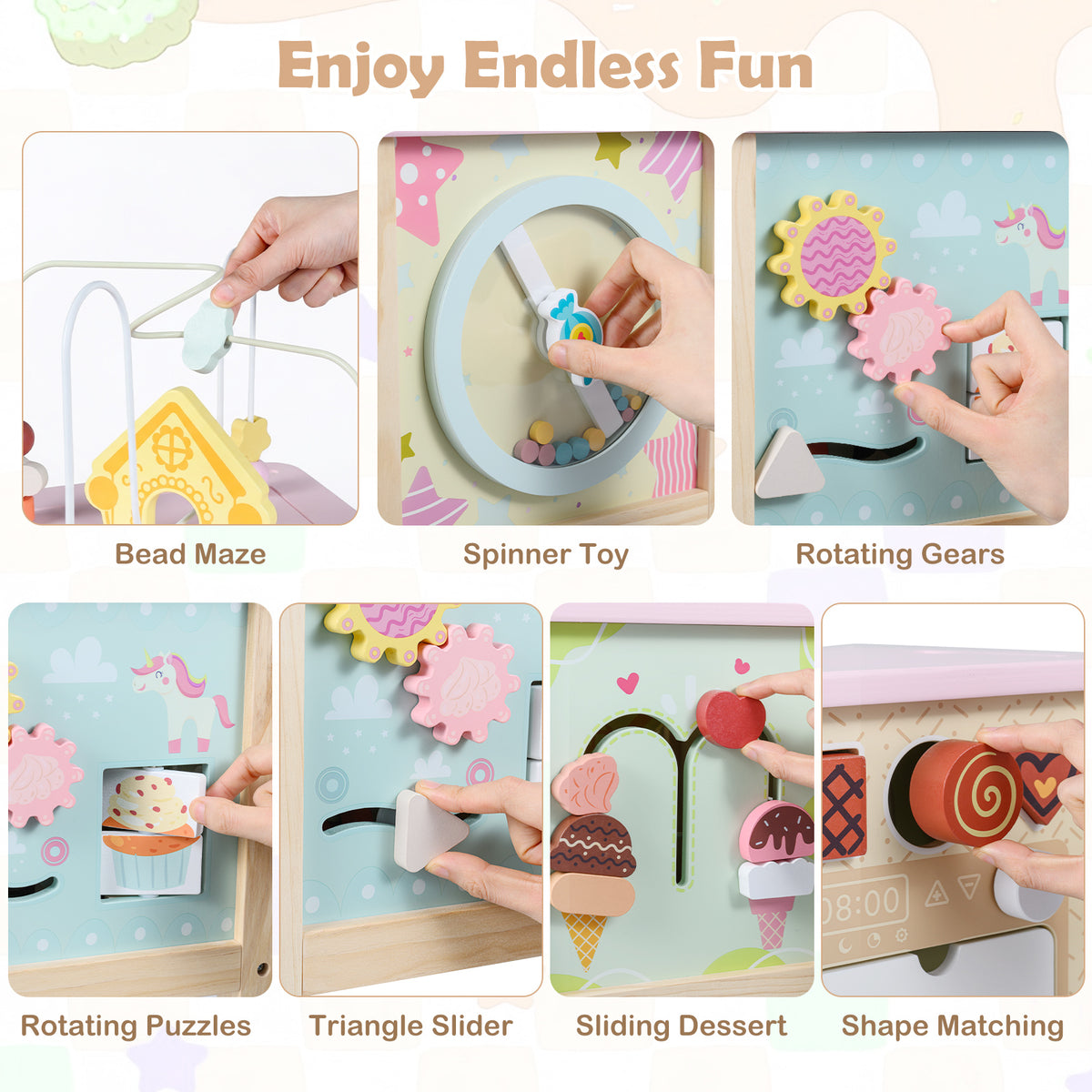 The learning toy with hands demonstrating the different interactive elements