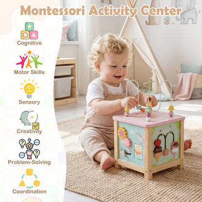 The learning toy in a nursery with a list of developmental benefits