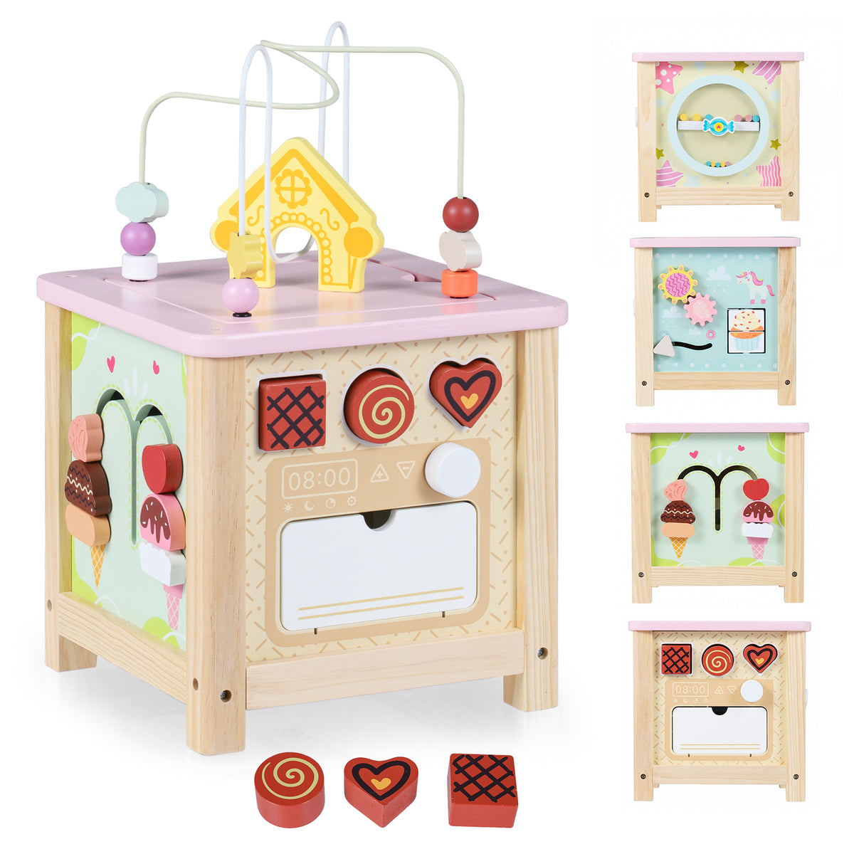 Wooden Activity Cube Montessori Sensory Toys with removable shapes and side panels shown