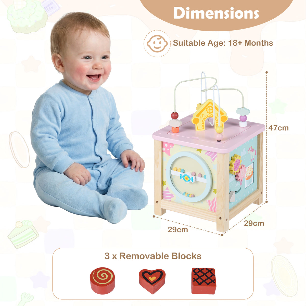 The learning toy with size labels and a baby sitting next to it