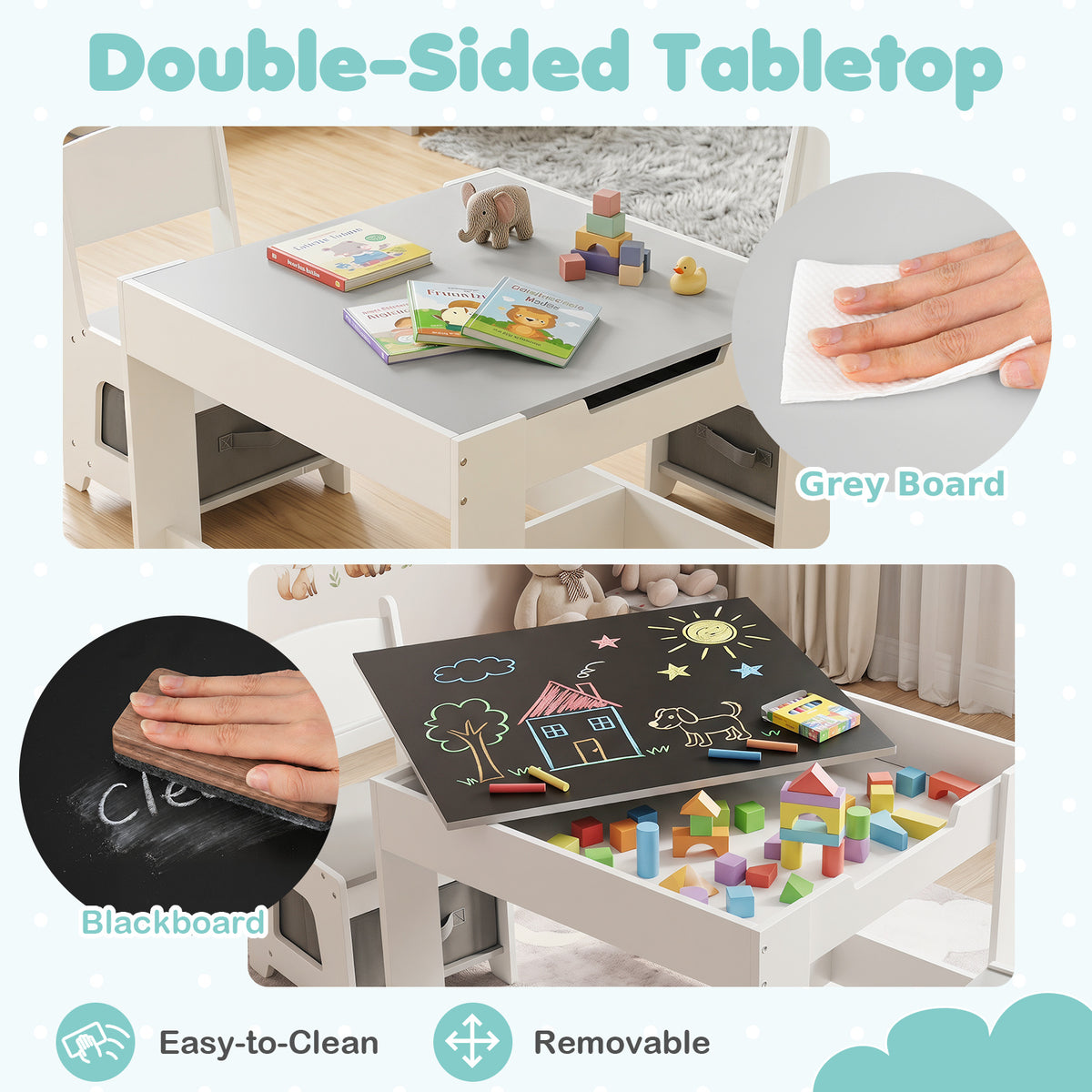 The kids table and chair set showing the reversible tabletop and cleaning process