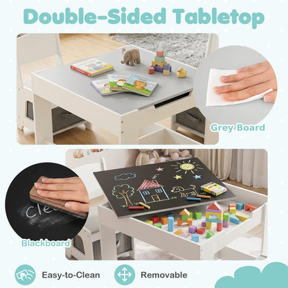 The kids table and chair set showing the reversible tabletop and cleaning process