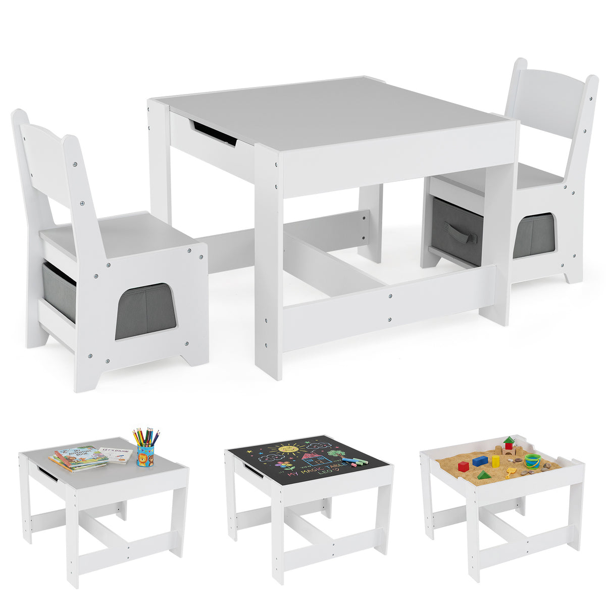 The kids table and chair set shown with three different tabletop configurations