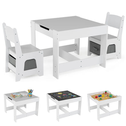 The kids table and chair set shown with three different tabletop configurations
