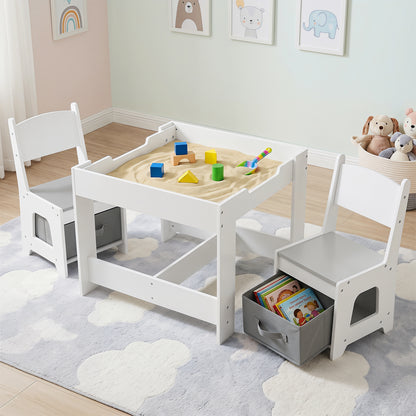 The kids table and chair set filled with sand for play in a child's bedroom