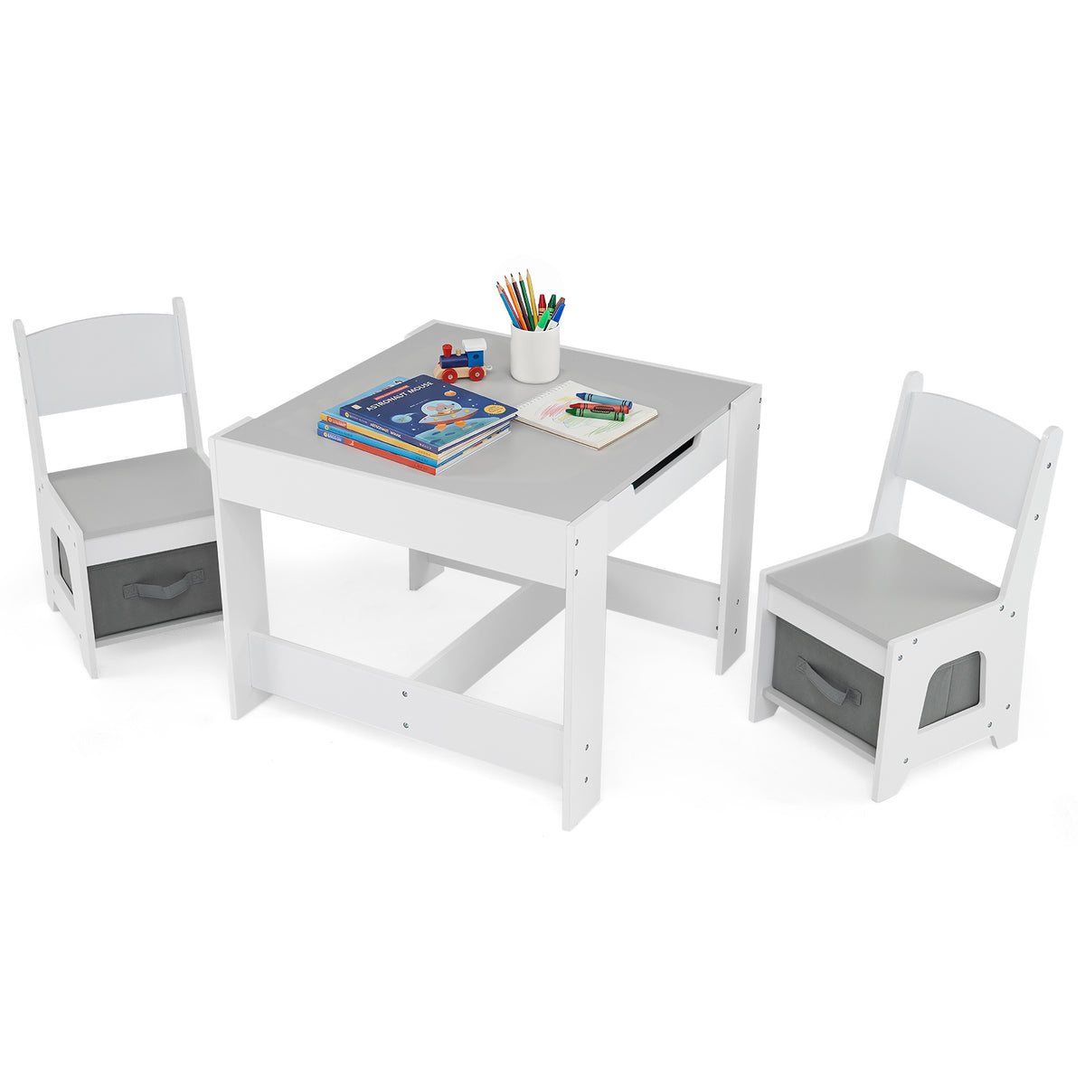 Wooden Activity Table with two chairs and grey storage bins on a white background