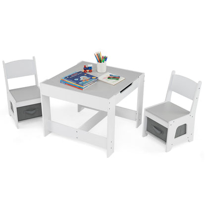 Wooden Activity Table with two chairs and grey storage bins on a white background