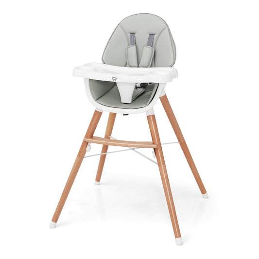 Wooden Baby Infant High chair with grey seat pad and wooden legs on a white background