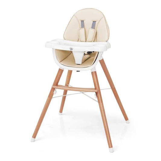 Wooden Baby Infant High chair with a beige seat and white tray on a white background