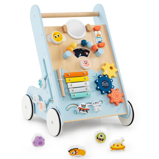 Wooden Baby Walker with colourful interactive panels and wheels