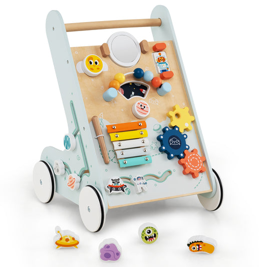 Wooden Baby Walker with wheels and various interactive toys and musical elements in green